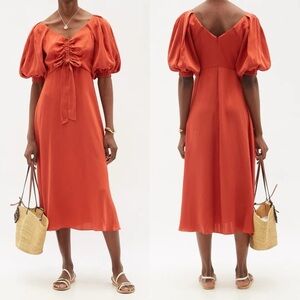 ZIMMERMANN PAPAYA RED ORANGE PUFF SLEEVE RUCHED SILK MIDI DRESS